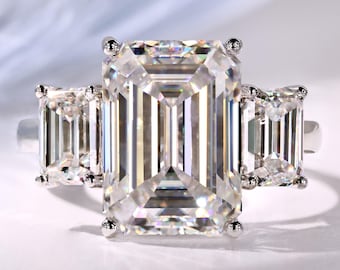 Emerald Cut Moissanite Past Present Future Ring, Cathedral Setting, Three Stone Engagement Ring, Anniversary Gifts, Handmade by Diamondrensu