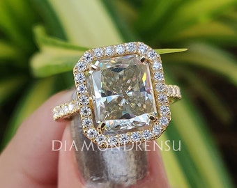 3.20 CT Radiant Light Green Moissanite Ring | Under Halo Ring | 14KT Solid Yellow Gold | Engagement Ring | Wedding Ring | Bridal Set