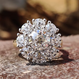 Round Old European Cut Moissanite Cluster Halo Engagement Ring, Flower Style Wedding Ring for Her, Cathedral Set Anniversary Ring for Women