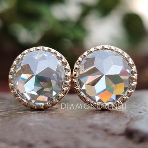 5.47 DEW Round Rose Cut Colorless Moissanite Earrings, Vintage Style Bridal Earrings, Screw Back Moissanite, Wedding Earrings, Anniversary