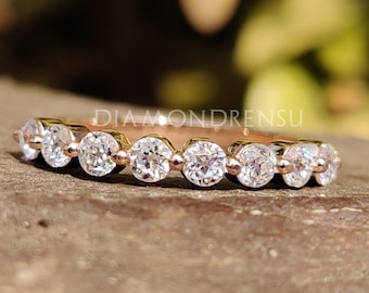 Round Old European Cut Floating Bubble Band, Wedding Band, 7 Colorless Moissanite Band, Matching/Stackable Wedding Band, Antique Bridal Band