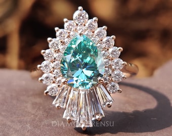 Snowflake Engagement Ring with Pear Cut Cyan Blue Moissanite, Round and Tapered Baguette Halo Wedding Ring, Handmade Anniversary Gift Ring