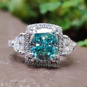 Cushion cut Moissanite Halo Engagement Ring, Halfmoon Moissanite Ring, 5 Stone Wedding Ring, Cyan Blue Moissanite Anniversary Ring for Women