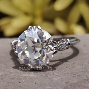Vintage Style Round Old European Cut Moissanite Engagement Ring, Unique Fishtail Prong Set Moissanite Wedding Ring, Anniversary Gift for Her
