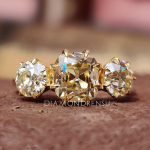 2.45 TW Cushion and Round Old Mine Cut Yellow Moissanite Ring, Vintage Style Three Stone Engagement Ring, Wedding Ring, Anniversary Gifts