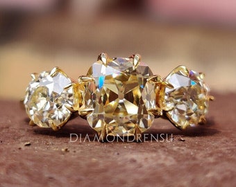 2.45 TW Cushion and Round Old Mine Cut Yellow Moissanite Ring, Vintage Style Three Stone Engagement Ring, Wedding Ring, Anniversary Gifts