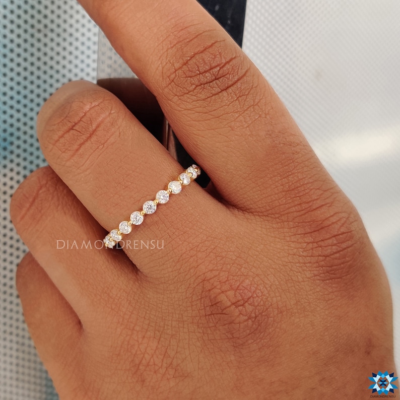 Solid Gold Anniversary Band Floating Bubble Prong Wedding Band 1.49 TCW Round Brilliant Cut Colorless Moissanite Band Full Eternity Band