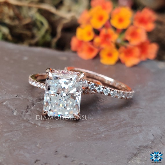 1 Carat Princess Cut Moissanite Engagement Ring - Bridal Set - Double Halo  Ring - Cluster Ring - 18k White Gold Over Silver