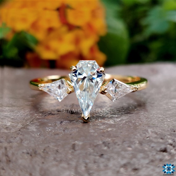 Unique 1.35 TCW Spear and Kite Colorless Moissanite Engagement Ring, Three Stone Ring, Wedding Ring, Anniversary Gifts For Her, Promise Ring