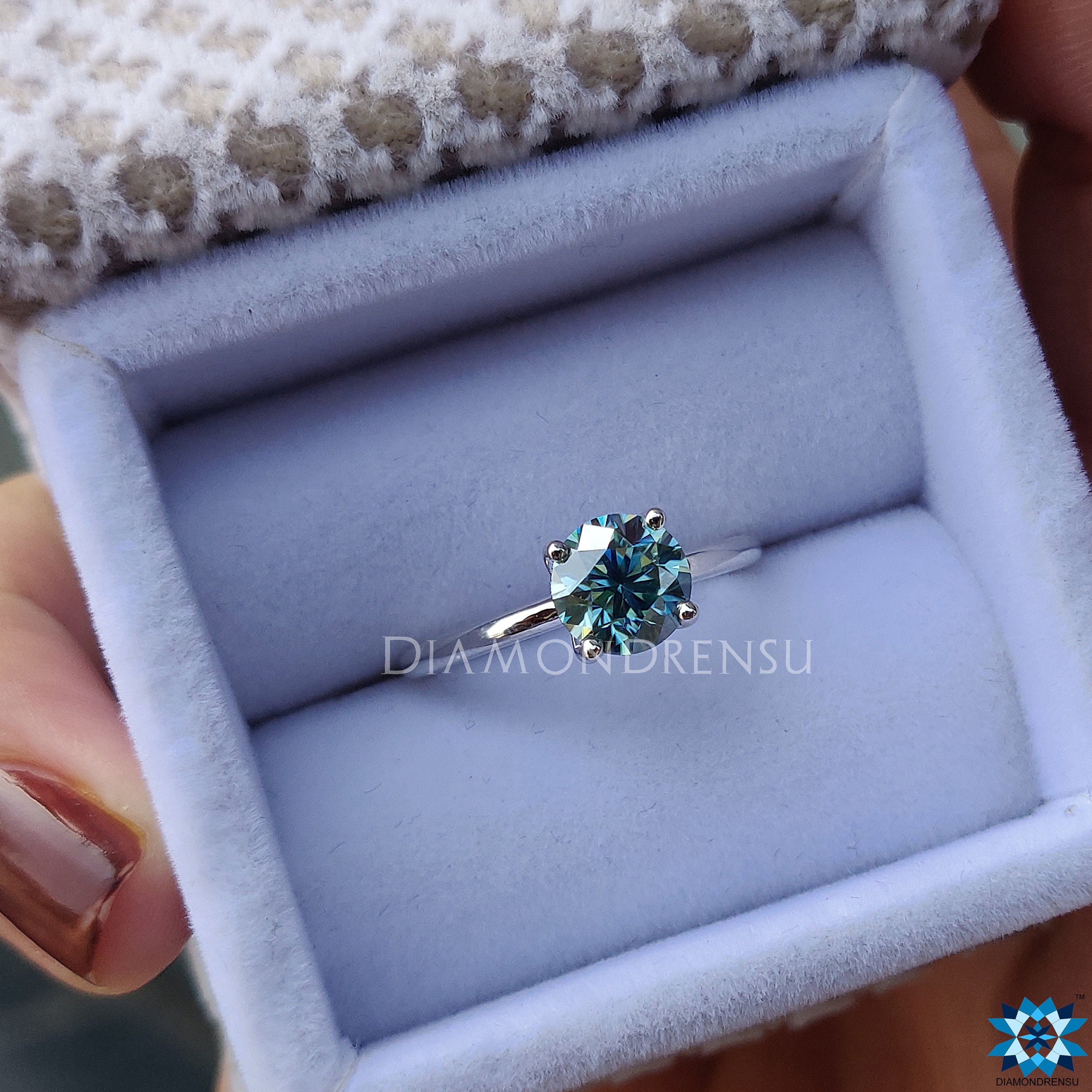 1.19 CT Round Brilliant Cut Cyan Blue Moissanite Solitaire Engagement Ring, White Gold Wedding Ring, Bridal Set Ring, Moissanite Jewelry Set