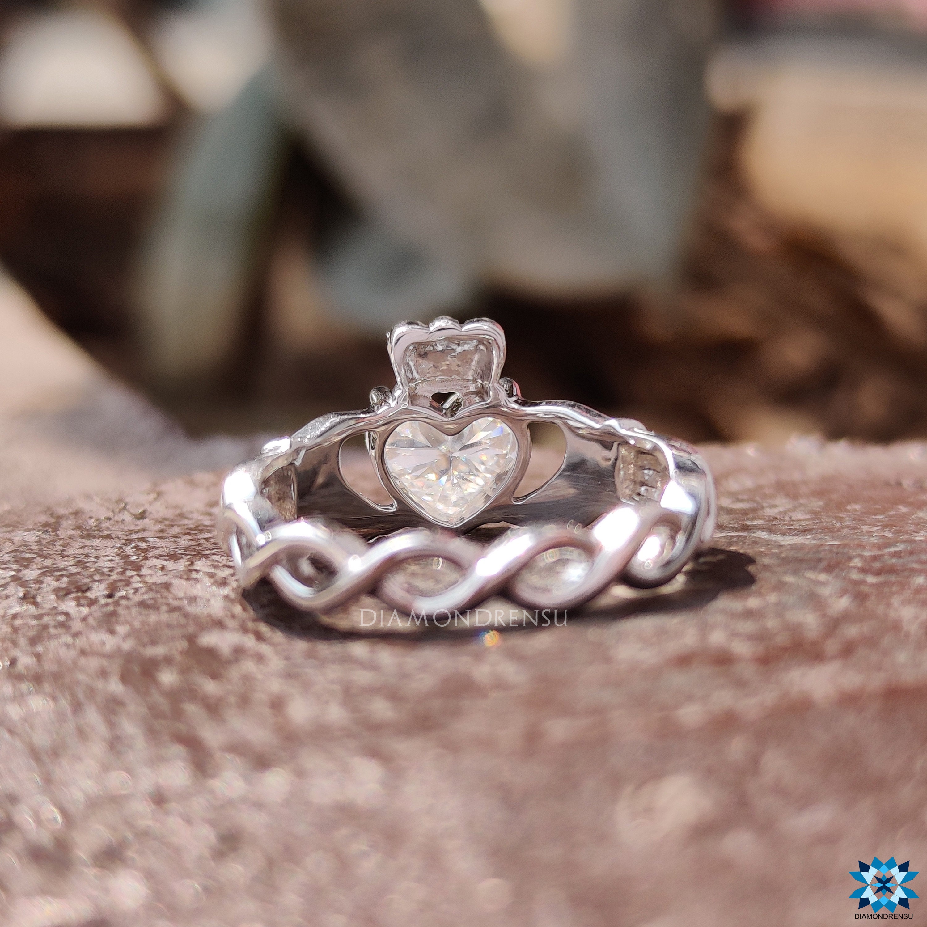 Claddagh Ring, 0.98 CT Heart Shape Colorless Moissanite