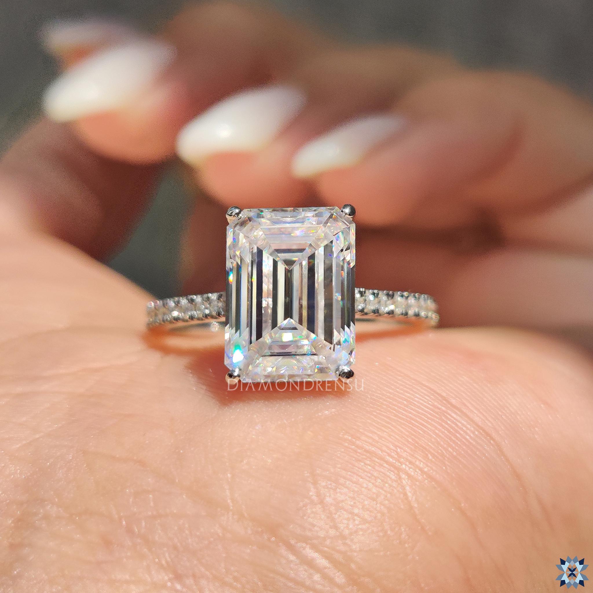 Emerald Cut Moissanite Pave Engagement Ring, Hidden Halo Wedding Ring ...