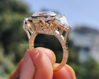Bezel Set Halo Ring, 4.33 TCW Oval Cut Colorless Moissanite Engagement Ring, Three Stone Ring, Art Deco Ring, Women Wedding Ring, Bridal Set