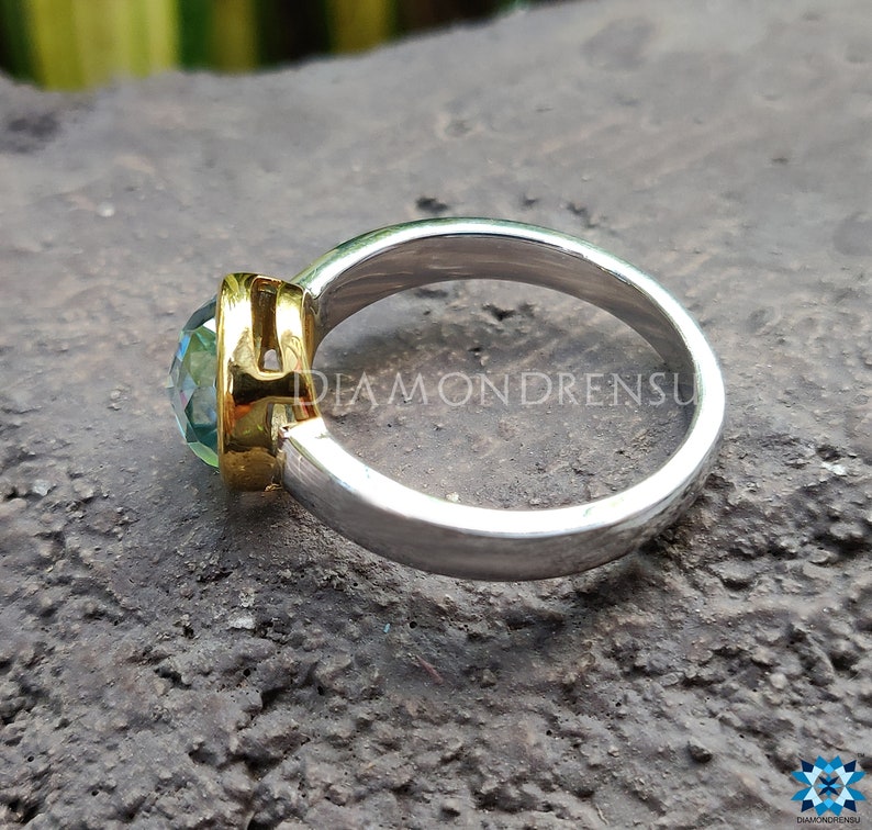 2.0 CT Green Round Rose Cut Moissanite Engagement Ring Two Tone Solitaire Ring Bezel Set Wedding Ring 10K Solid WhiteYellow Gold Ring