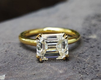 East to West Setting Emerald Cut Engagement Ring, Thin Band Solitaire Wedding Band, Promise Ring for Her, Real 14K Yellow Gold, Gift for Her