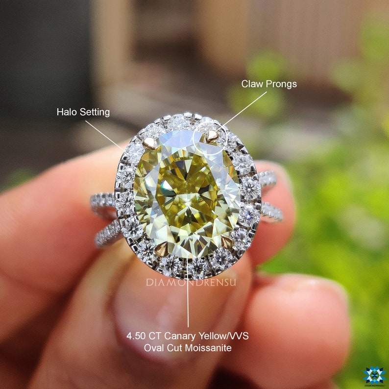 Oval Cut Moissanite Center Stone White and yellow Gold engagement ring Pave Round Cut Band