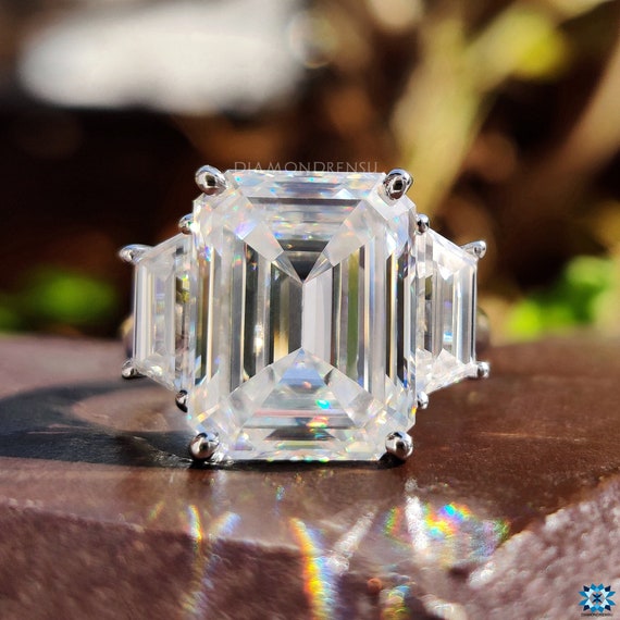 8.82 TCW Emerald Cut Colorless Moissanite Three Stone Ring, Celebrity Style  Engagement Ring, Wedding Ring, Solid White Gold Anniversary Ring -   Canada