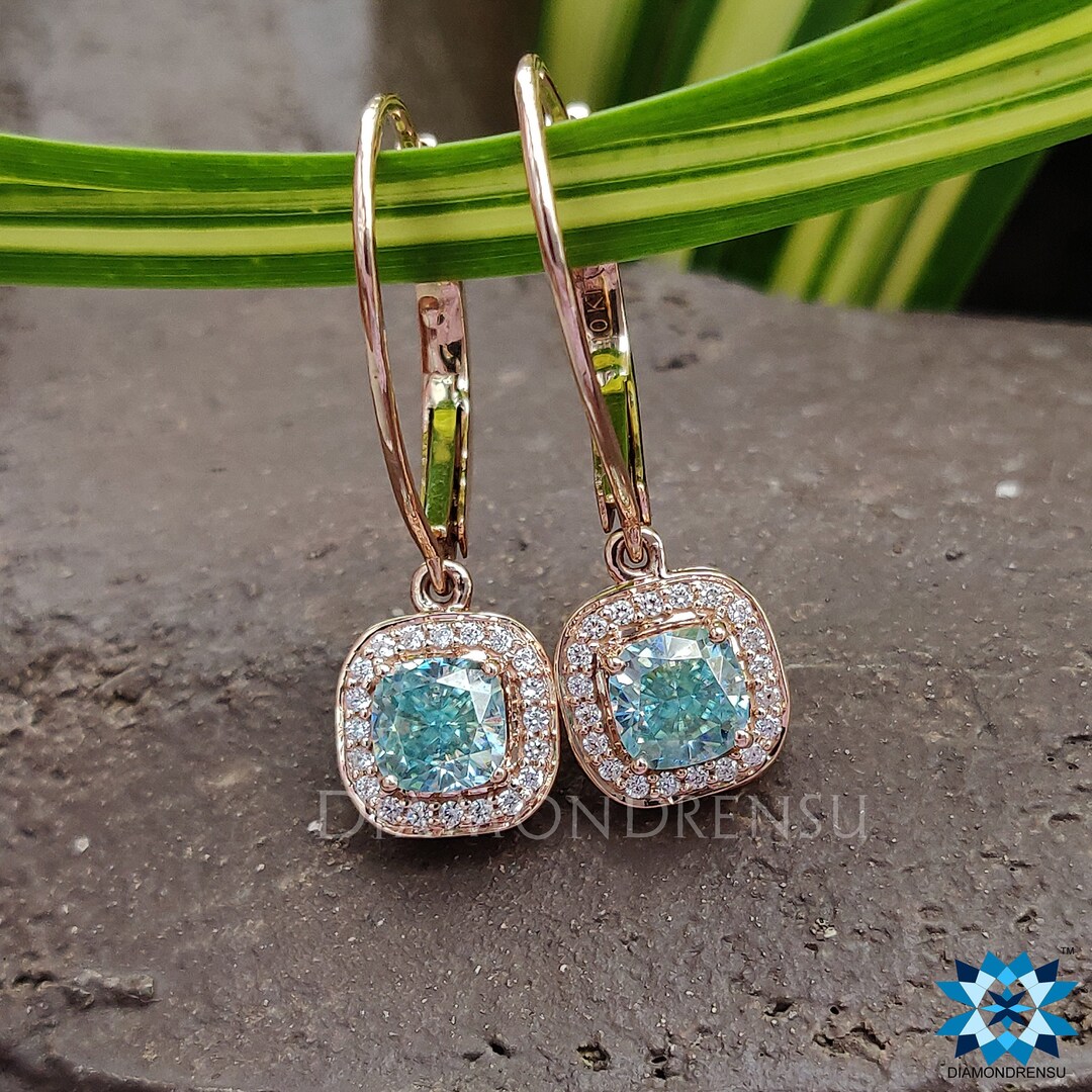 Dangle and Drop Earrings 1.44 TW Cushion Cyan Blue Moissanite Earrings