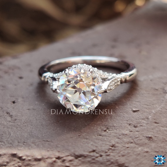 Old European Cut Vintage Ring | 2.1 CTW Round OEC Colorless Moissanite Ring  | Engagement Ring | Milgarain Setting | Antique Ring | 18KT Gold