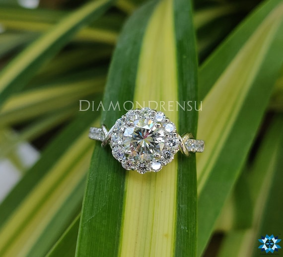 1.78 TW Round Halo Engagement Ring | Round Colorless Moissanite Ring | Under Halo Ring | Wedding Ring | Solid White Gold Ring | Designer