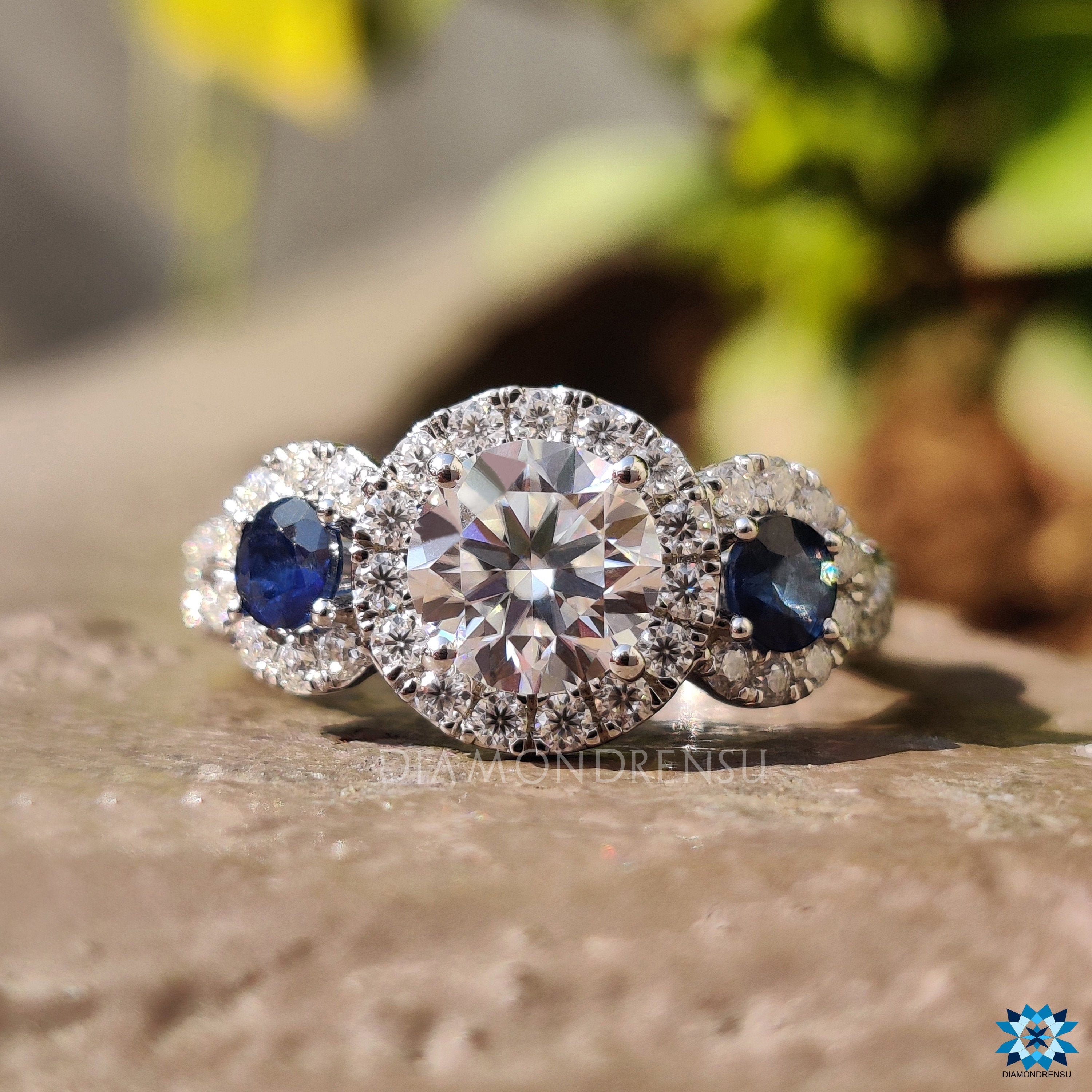 Round Moissanite 3 Stone Halo Engagement Ring with Blue Sapphire, Twisted Pave Wedding Ring, Anniversary Gift Ring, Birthstone/Gemstone Ring