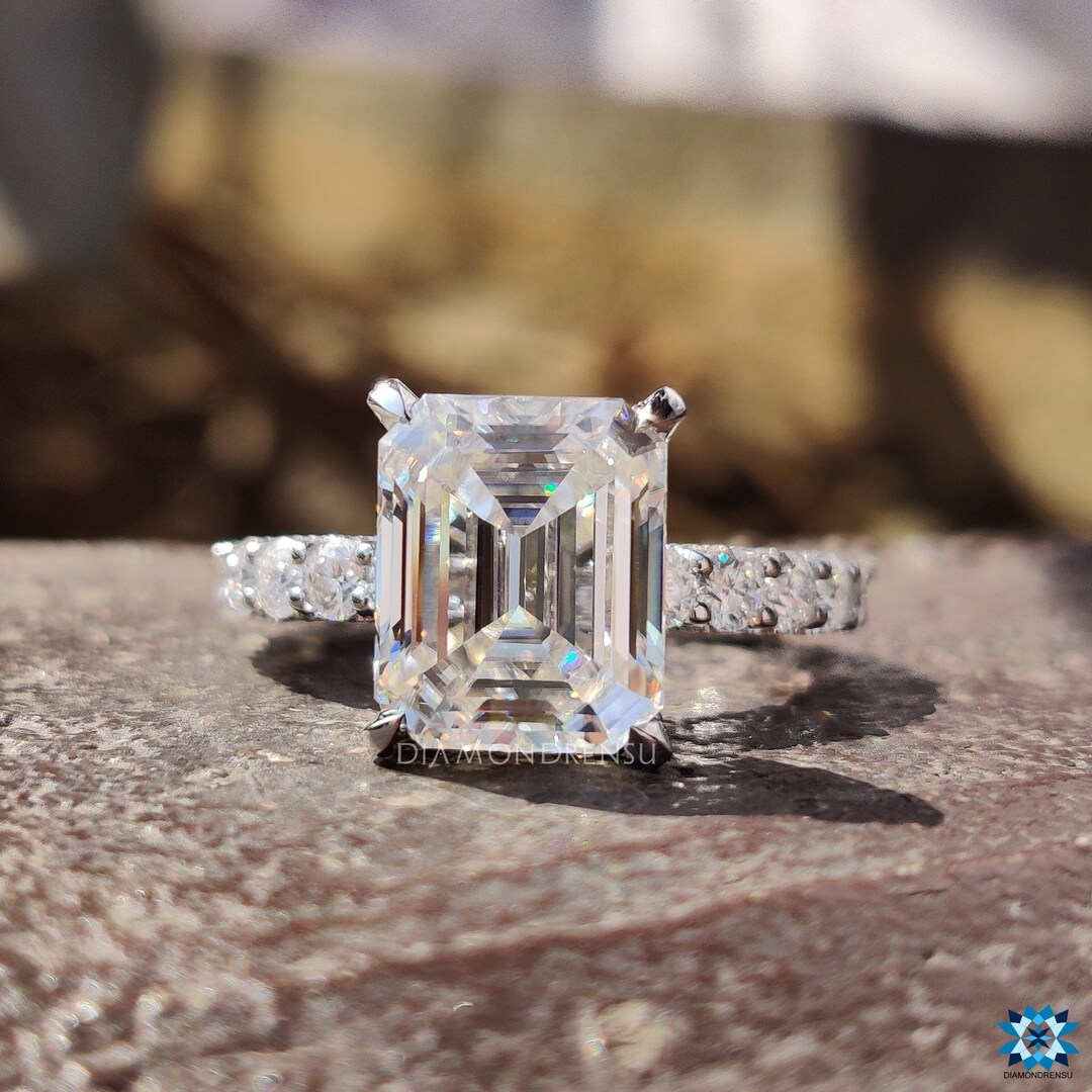 Emerald Cut Moissanite Pave Engagement Ring, Hidden Halo Wedding Ring ...