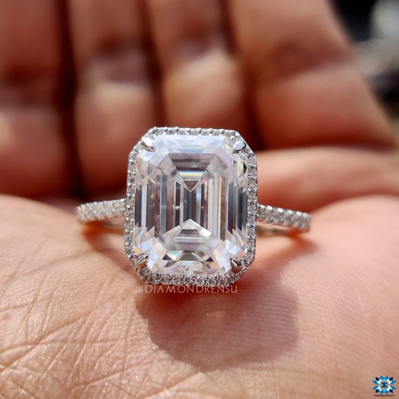 Emerald Cut Moissanite Halo Engagement Ring with Hidden Halo and Pave Setting, Wedding Ring for Her, Classic Anniversary Ring for Gifts