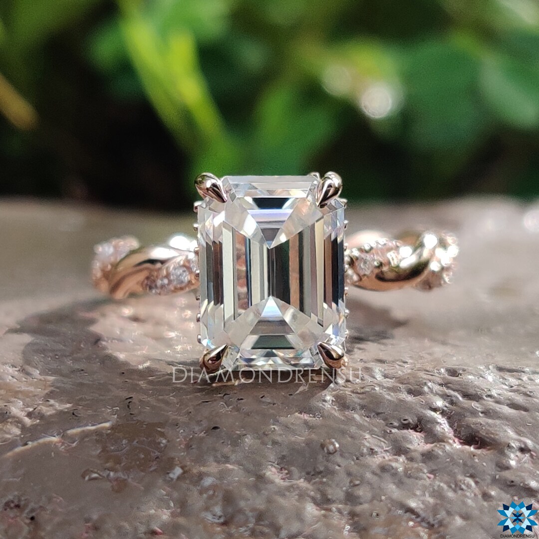 Emerald Cut Moissanite Hidden Halo Engagement Ring With Twisted Pave ...