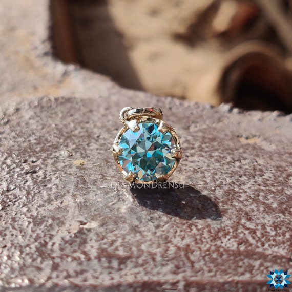 Blue Moissanite Pendant - 2 Carat Old European Cut in 14kt Yellow Gold | Handmade Solitaire Jewelry | Mothers Day or 5 Year Anniversary Gift
