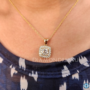 Moissanite Pendant with Old Mine Cushion Cut, Halo Pendant Necklaces in Yellow Gold, 6 mm center stone, its gifts for women