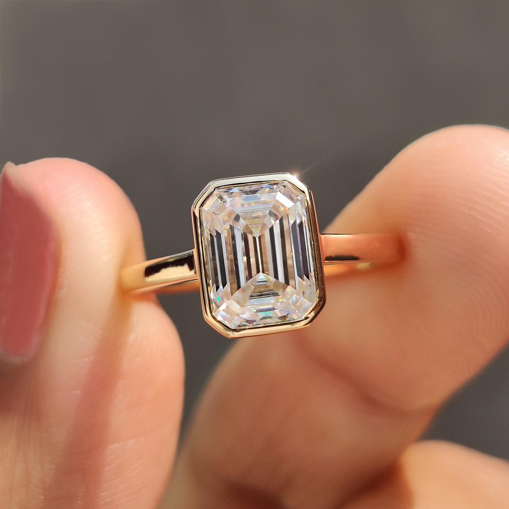 Emerald Cut Moissanite Bezel Engagement Ring, Solitaire Wedding Ring for Her, Classic Comfort Fit Ring, Yellow/White/Rose Gold Handmade Ring