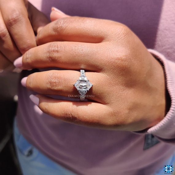 Antique Hexagon Moissanite Engagement Ring, TW Hexagon Criss and Kite  Ring, Ring for gifting, Wedding Ring, Anniversary Gift Ring Her