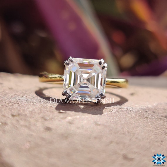 CT Asscher Colorless Tapered Band Solitaire Engagement Ring, Double  Claw Prong Wedding Ring, Two-Tone Ring, Anniversary Ring for Her