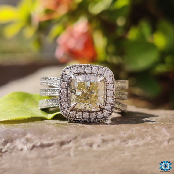 Cushion Cut Yellow Moissanite Halo Engagement Ring for Women, Split Shank 3 Row Pave Wedding Ring with Milgrain Details, Anniversary Ring