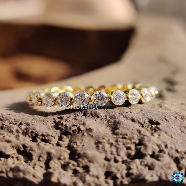 Solid Gold Anniversary Band Floating Bubble Prong Wedding Band 1.49 TCW Round Brilliant Cut Colorless Moissanite Band Full Eternity Band