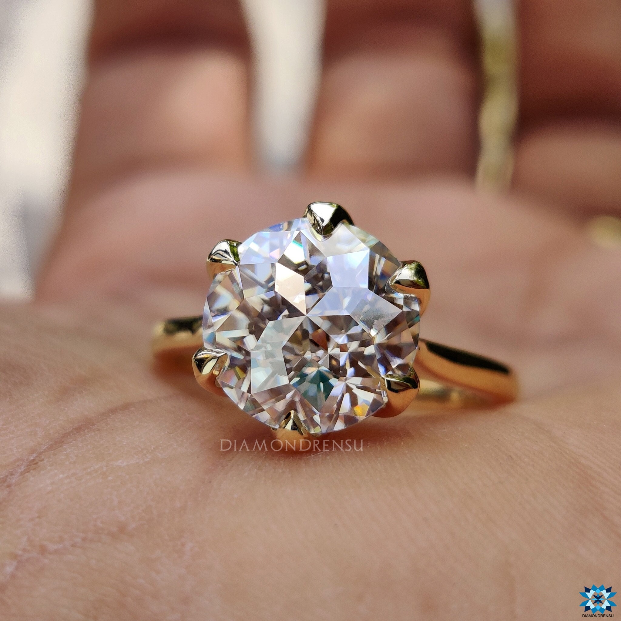 Solitaire Engagement Ring, Jubilee Cut Moissanite Ring, Antique 4.31 CT Colorless Moissanite, Ring for Women, Floral Basket, Handmade Ring