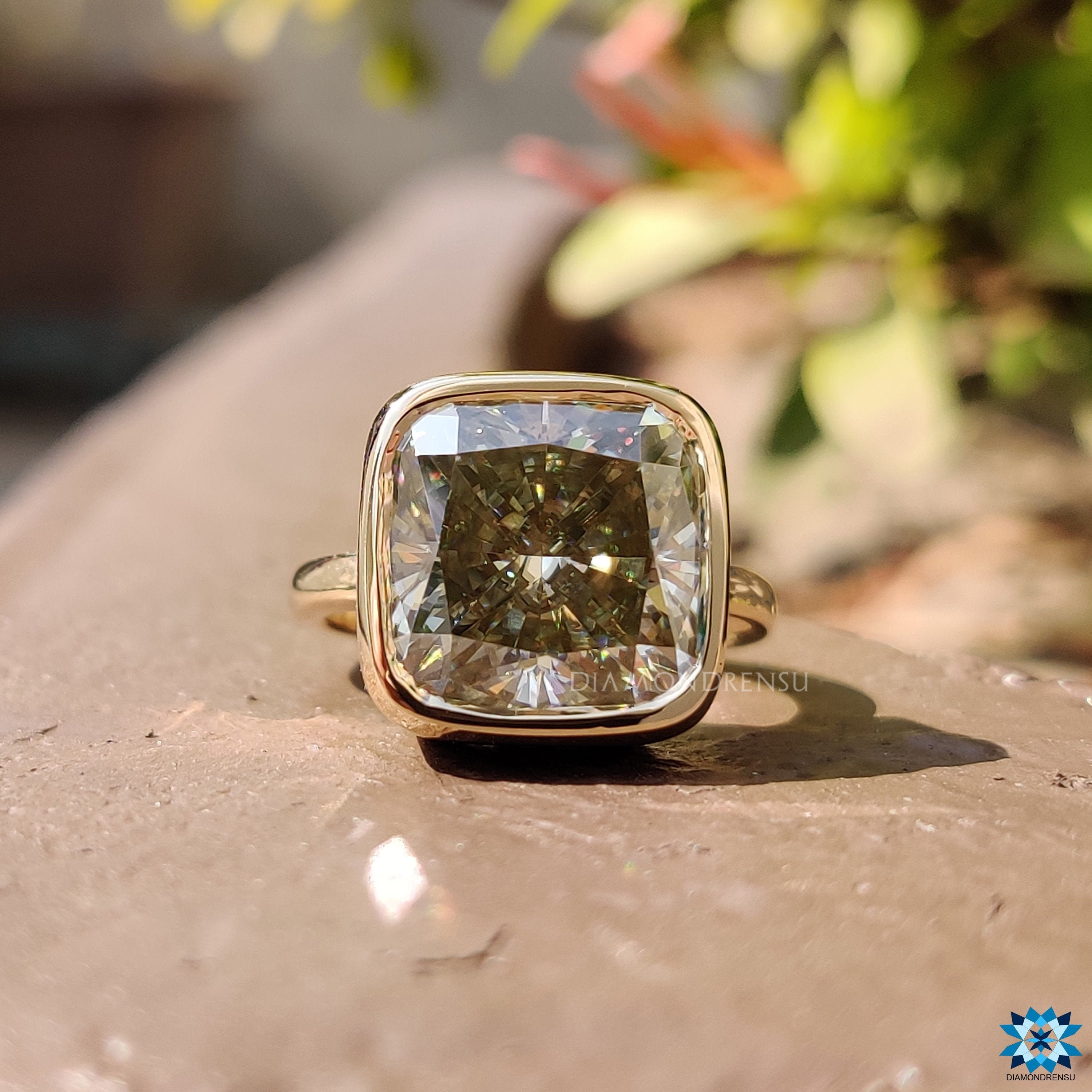 8.48 CT Cushion Yellow Gray Moissanite Bezel Set Engagement Ring, Solitaire Wedding Ring, Solid Yellow/White/Rose Gold Ring,Anniversary Gift