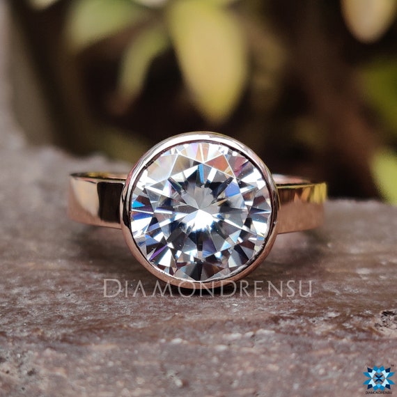 3.47 CT Round Hearts and Arrows Colorless Moissanite Ring, Bezel Set Wedding Ring, Engagement Ring, Solid Rose Gold Ring, Comfort Fit Band