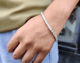 Pulsera de tenis de moissanita de corte redondo de 4 mm, pulsera de boda para ella, regalos de aniversario, joyería artesanal en oro macizo, pulsera de compromiso