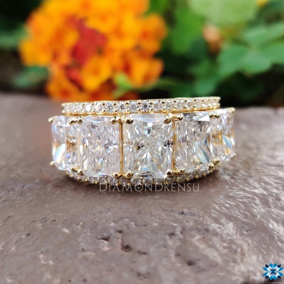 Elegant TCW Elongated Radiant Cut Triple Row Moissanite