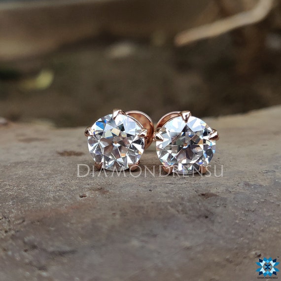 4.0 TCW Round Old European Cut Colorless Moissanite Earrings, Stud Earrings, 10KT Rose Gold Earrings, Wedding Earrings, Anniversary Gifts