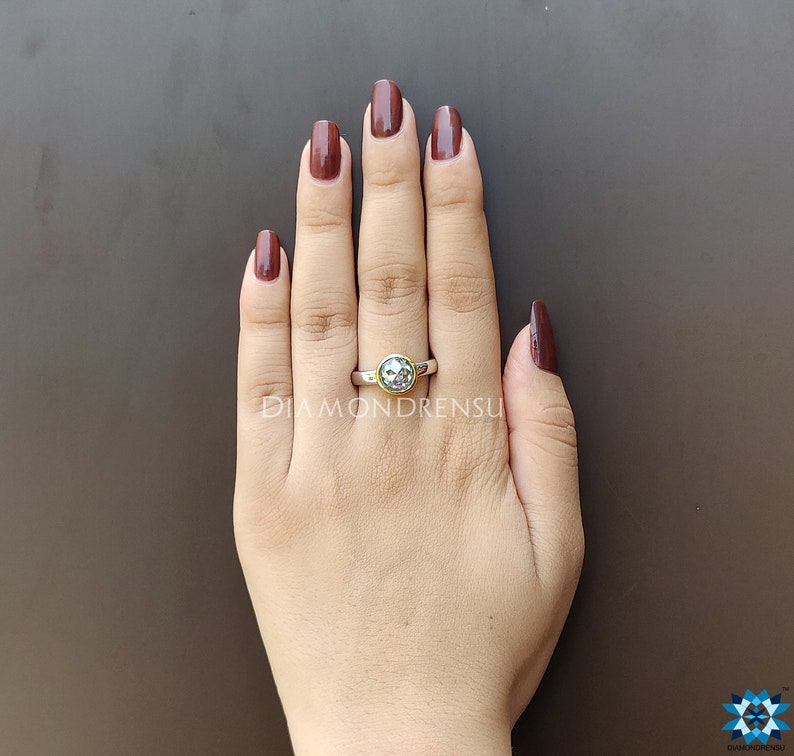 2.0 CT Green Round Rose Cut Moissanite Engagement Ring Two Tone Solitaire Ring Bezel Set Wedding Ring 10K Solid WhiteYellow Gold Ring