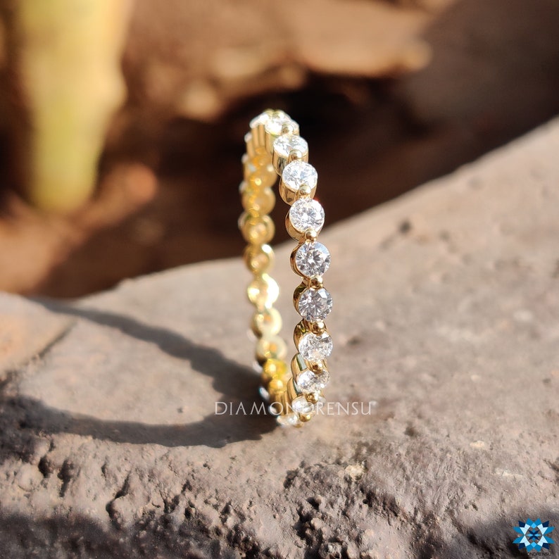 Solid Gold Anniversary Band Floating Bubble Prong Wedding Band 1.49 TCW Round Brilliant Cut Colorless Moissanite Band Full Eternity Band