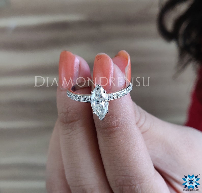 Marquise Near Colorless Moissanite Ring Gifther Solid White Gold Ring Marquise Moissanite Ring 1.25 TW Engagement Ring Wedding Ring