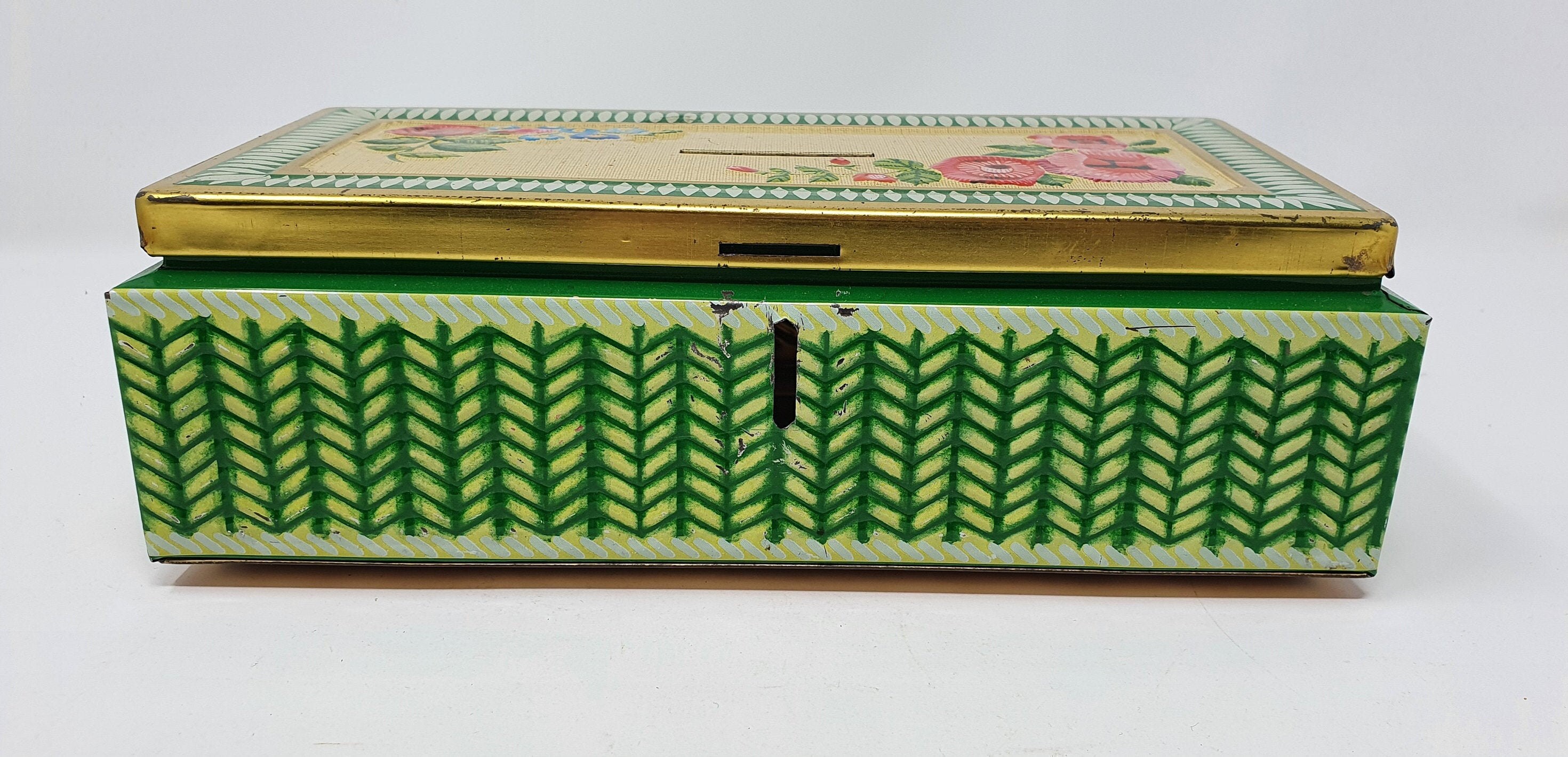 Colourful Vintage Tin Money Box Green Geometric & Floral Etsy