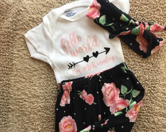 Newborn "Hello World" personalized coming home outfit set