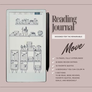 Op de afbeelding: Een digitaal leesdagboek met een zwarte stylus. Het scherm toont een boekenplankillustratie. De achtergrond is licht mauve met de woorden "Reading Journal" en "Move" in sierlijke letters. Bevat 114 pagina's, boekrecensies en citaten.