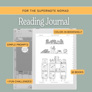 May include: A digital reading journal for the Supernote Nomad featuring a color-in bookshelf layout with 60 books, simple prompts, and fun challenges. The screen displays a line-art illustration of shelves, books, and a globe, with text labels highlighting features.