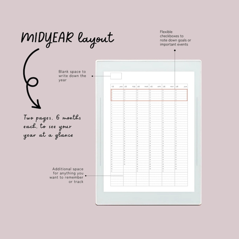 May include: A digital planner with a midyear layout, featuring two pages with six months each. It includes space to write the year, checkboxes for goals, and additional space for notes. The text reads "MIDYEAR layout."