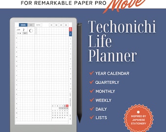 Techonichi Life Planner for Move 2026, with list tracker, moon phases, quarterly monthly weekly daily planning for reMarkable Paper Pro Move